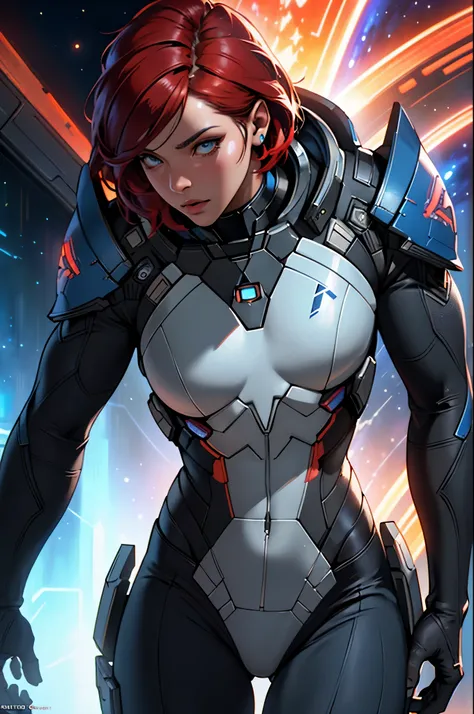 Highly detailed RAW color photo, mass effect fan concept art, beautiful young woman, female shepard of mass effect, short red hair, dynamic pose, (fit hips), (detailed skin), (detailed lips), (detailed eyes), (cosmic: 1.4), (necropolis: 1.1), (science fict...