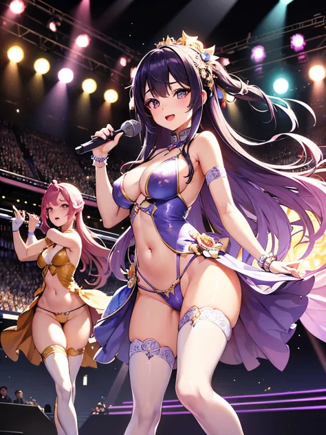 (highly detailed, vividly colored) 3-girls idol group performing in a vibrant concert venue, (anime-styled) with dazzling stage lights shining (magically), (sparkling) on their (shimmering) dresses. The girls have (big bright eyes with long eyelashes), (be...