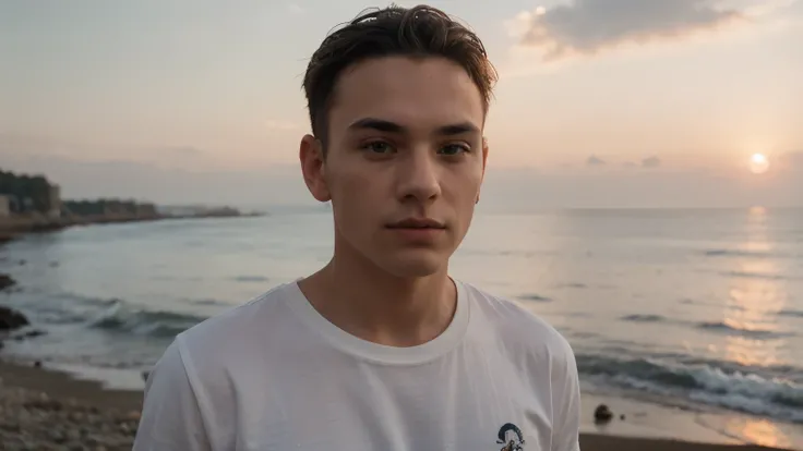 MAN,Frontal photography,Look front,the setting sun,at the seaside,A 20 year old male,white t-shirt,short hair,To reveal the forehead，upper body，cinematic angle，sea background，full width,f1.8 anamorphic