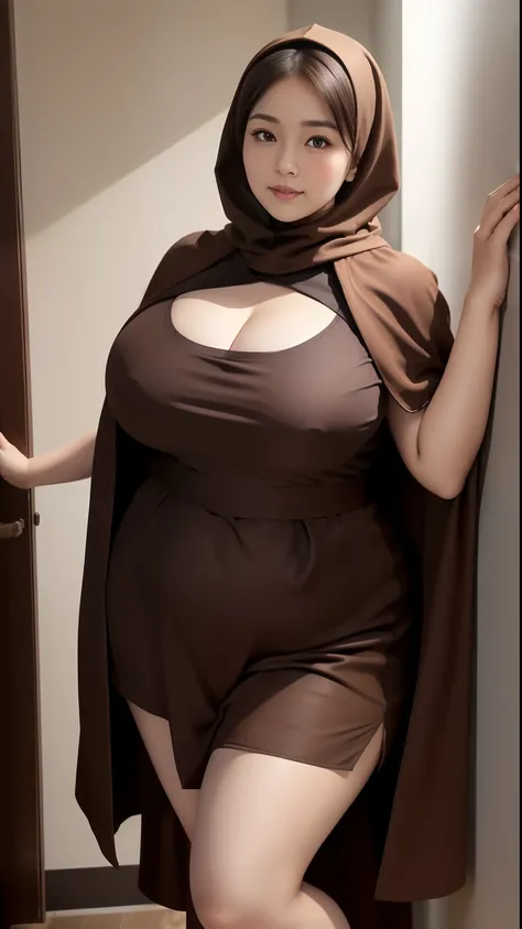 woman in brown dress and shorts hairstyle Leaning against the wall of the dark room, wearing brown clothes and cape, hijab outfit, with a long brown cape, hijab fashion model, plus size, plus size woman, wearing brown robe, woman in brown robes, beautiful ...