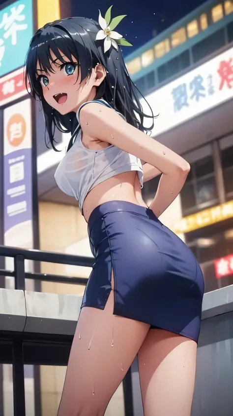 woman,14 years old,,city,night,(((white and blue tight miniskirt))),,open mouth smile(())(See-through),(()),((Nariko Saten)),blush、surprised face,((())),((turn around and look back))(wet with sweat)