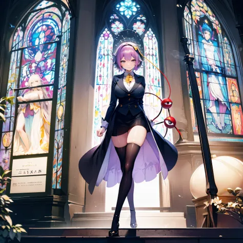 satori toho character, (solo), standing, stained glass, break, short hair, (huge perky breasts), bursting breasts, (inconceivabl...