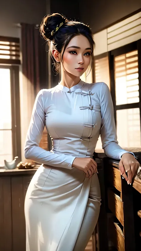 color photo of "beautiful lady standing and looking at the viewer, hair bun"
, a poised and confident stance, she stands tall with grace and elegance, her presence captivating and magnetic
, her eyes, locked onto the viewers gaze, filled with a mix of curi...