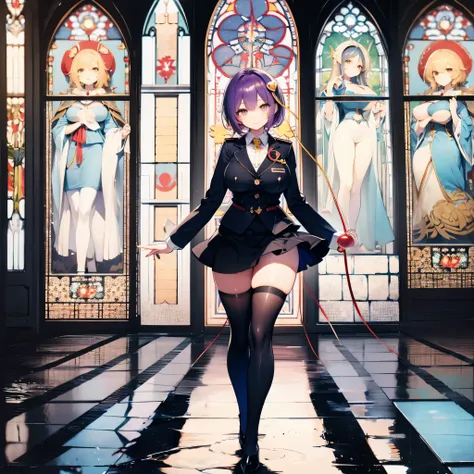 satori toho character, (solo), standing, stained glass, break, short hair, (huge perky breasts), bursting breasts, (inconceivabl...