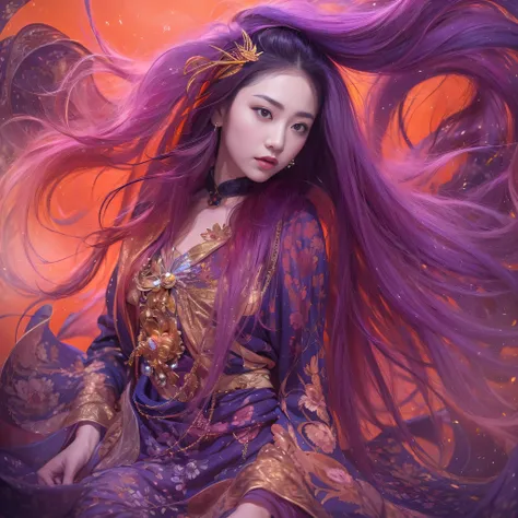 3860 Cyberpunk Year（masterpiece，HD，超HD，32k）Bright purple flowing hair，autumn pond，we disagree， a color， Asian （Michiko）， （silk scarf）， fighting stance， looking at the ground， Orange gradient long hair， Floating bright purple， Fire cloud gold headdress， Chi...