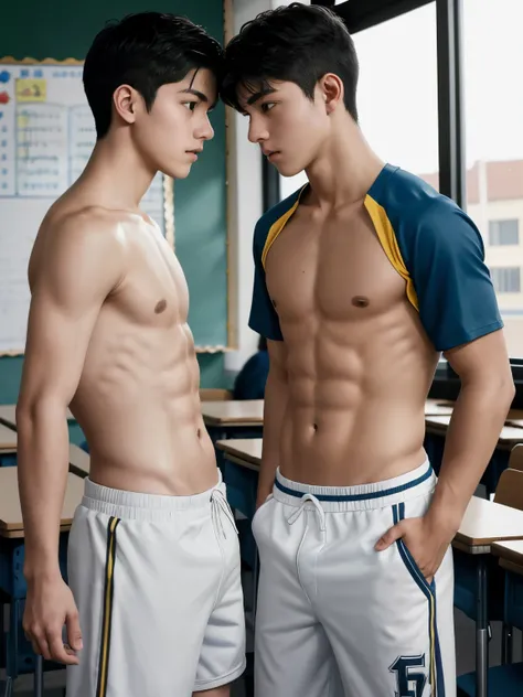 2boys , Parlero, dentro, (obra maestra, La mejor calidad, absurdos ), escuela,Classroom two shirtless boys are in school they have sports pants they look into each others eyes with sorrow they are 15 years old they are in the sports room