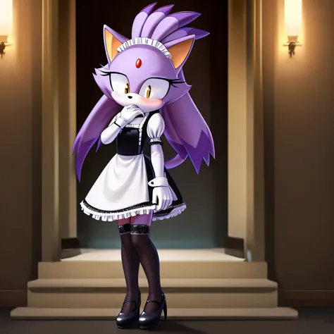 Blaze the Cat with her hair down, sexy maid attire, maid dress, puffy sleeves, long gloves, stockings, black heels, long hair, scared and embarrassed