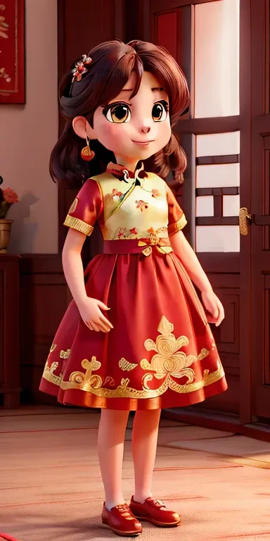 chinese new year theme, 20 years  girl,Spring dress，having fun，red tint，gold thread embroidery，(Best quality at best,4K,A high resolution,tmasterpiece:1.2),ultra - detailed,(actual,photoactual,photo-actual:1.37),