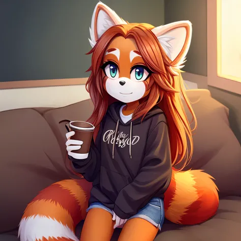 Female, mobian, red panda, long hair, casual wear, comfy clothes