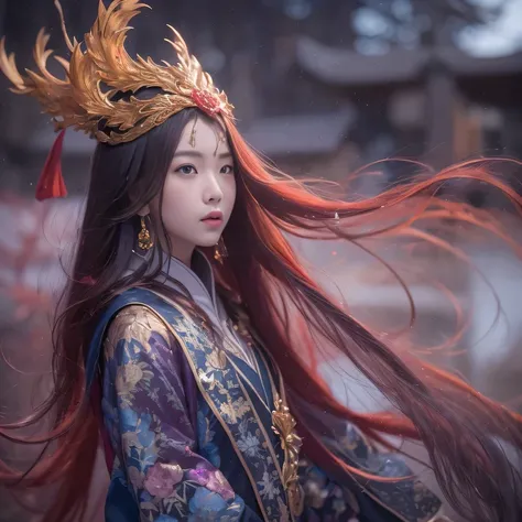 3860 Cyberpunk Year（masterpiece，HD，超HD，32k lotus root starch）Bright purple flowing hair，autumn pond，we disagree， lotus root starch color， Asian （Michiko）， （silk scarf）， fighting stance， looking at the ground， Orange gradient long hair， ((prettyeyes))Floati...