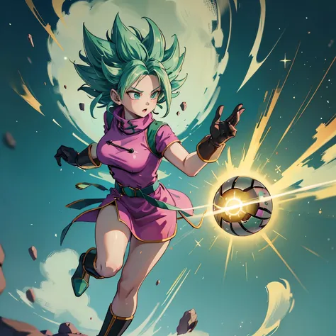 female, woman, race: “cerealian from dragon ball super manga”, mint green hair, has light skin, wavy mint green hair, long hair,...