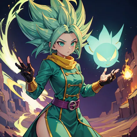 female, woman, race: “cerealian from dragon ball super manga”, mint green hair, has light skin, wavy mint green hair, long hair,...