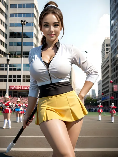 ((best quality)), ((best work)),(( ultra detail)), portrait, wide shooting angle, female majorette, beautiful, sexy, (Half Ponytail hair), detailed eyes, detailed face, bright face, big breasts, sweet smile, with a stick, dynamic poses, female majorette sh...