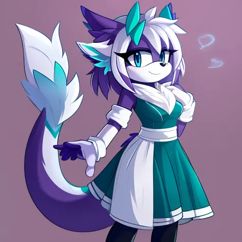 Female, Mobian, Dragon, fluffy purple and white fur, black and light teal attire, blue eyes
