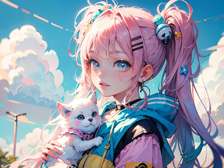 "kawaii, Cute, Adorable girl in pink, yellow, and baby blue color scheme. She wears sky-themed clothing with clouds and sky motifs. Her outfit is fluffy and soft, With decora accessories like hair clips. She embodies a vibrant and trendy Harajuku fashion s...