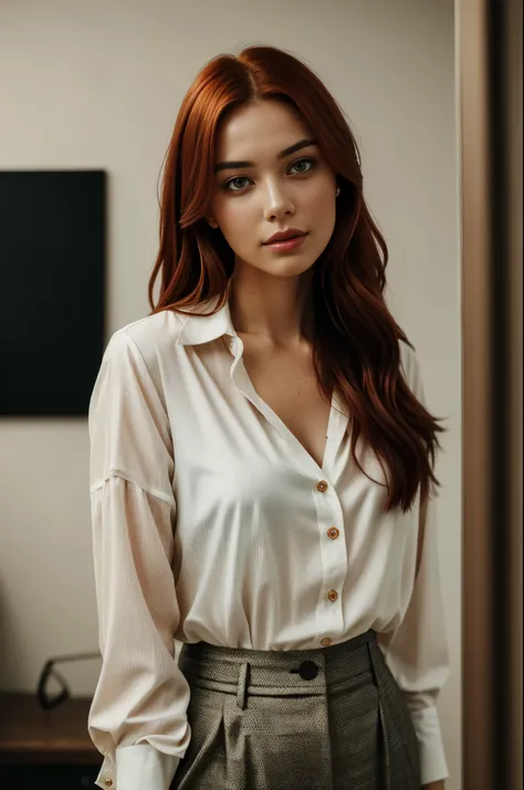 A captivating image of a seductive woman with loose, styled red hair cascading down her shoulders, poses enigmatically in a dimly lit studio. She is adorned in a button-up shirt, the fabric intricately textured and neatly tucked into trousers. Despite her ...