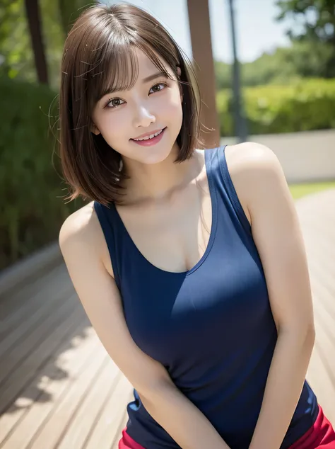 table top, highest quality, Photoreal, finely, High resolution, 8k wallpaper, perfect dynamic composition, beautiful and detailed eyes, Medium short wavy hair,gray training wear、sweaty body、chest bulge、yoga poses、beautiful armpits、laughter、Moyamoya feeling...