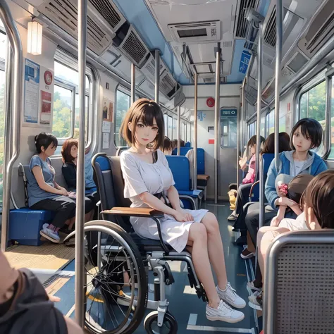 最高masterpiece、realistic anime images、masterpiece、simple background、1 woman in a wheelchair、On a train with people