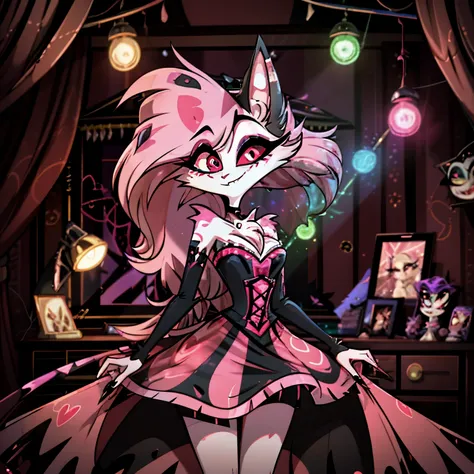 1girl. in the hazbin hotel & helluva boss universe, a feminine draconequus demon inspired by fluttershy captivates with her mesm...