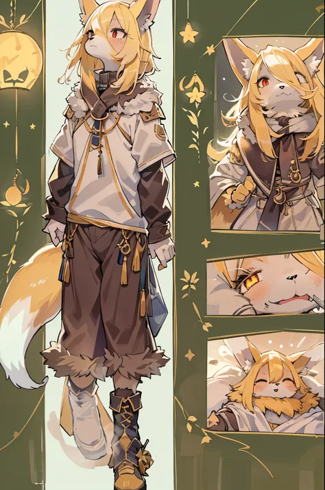 character chart，Shota the fox，hairy pubic，shaggy，Skin fur，Golden fur，Golden yellow face fur,Short straight blonde hair，Eyes have light，Red eyes，Brown elements on fur，Brown coat brown hood up，White top，brown shorts，Beautiful lights and shadows，Ambient light...