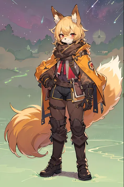 character chart，Shota the fox，hairy pubic，shaggy，Skin fur，Golden fur，Golden yellow face fur,Short straight blonde hair，Eyes have light，Red eyes，Brown elements on fur，Brown coat brown hood up，White top，brown shorts，Beautiful lights and shadows，Ambient light...