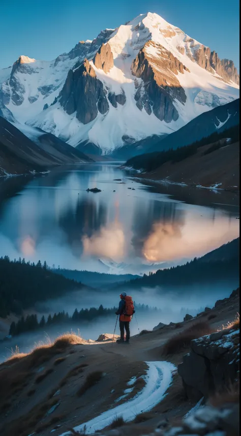 arafed Mountain in the background with a person standing in front of it, Yang Jie&#39;s photo, Douban, visual art, Mountain in background, tengri, 奥马尔香提 喜马拉雅Mountain , standing in front of a Mountain, Mountain, Mountain in the background, Mountain, 8k--hei...