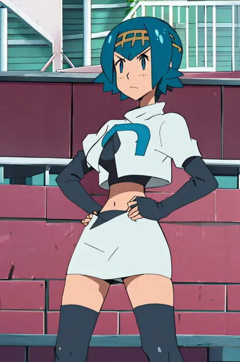 1girl in, (Solo:1.2), (Perfect body:1.1), (Best Quality:1.1), , very large breast, hands on hip,team rocket uniform, red letter r, white skirt,white crop top,black thigh-high boots, black elbow gloves, glaring angrily, looking at viewer, hands on hips,zett...