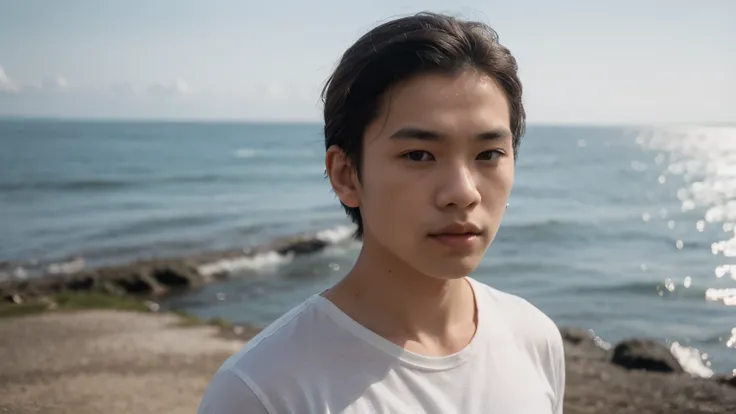 Young Asian male,Frontal photography,Look front,at the seaside,white t-shirt,short hair,To reveal the forehead，MEDIUM CLOSE SHOT，natural light,upper body，cinematic angle，The background is the sea horizon，full width,f1.8 anamorphic