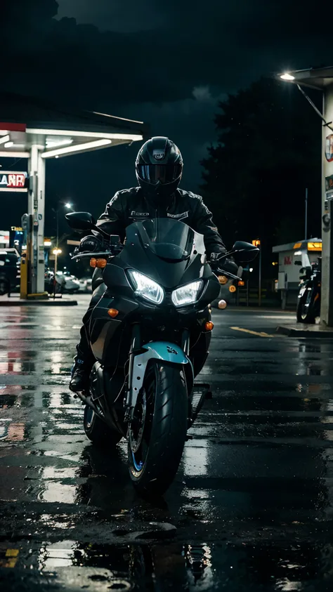 there is a man with a black leather biker jacket and blacked out helmet sitting on an Ice Blue, Yamaha R1 Bike with a heavy bodykit, custom rims. Add race stickers to the body of the bike, it is parked at a gas station at night and it is raining with light...