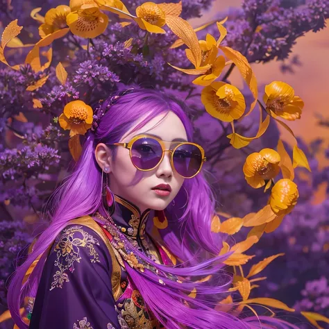 3860 Cyberpunk Lunar New Year（masterpiece，HD，超HD，32k lotus root starch）Bright purple flowing hair，autumn pond，we disagree， lotus root starch color， Asian （Michiko）， （silk scarf）， fighting stance， looking at the ground， Orange gradient long hair， ((thick fr...