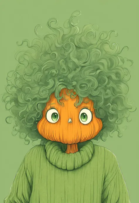 Pumpkin head，long neck，interesting，Big head，Hair like a bird&#39;s nest，Nonsense，Green sweater，Long curly hair，clean background，hand drawn style，，pencil drawing，Lovely，smooth lines，clean screen