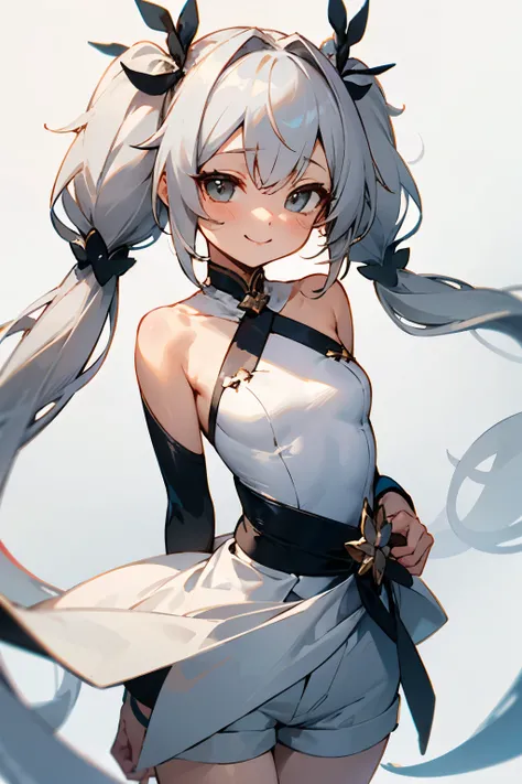 Cute costume like a magical girl，Shorts，Skantz，gray hair，braid twin tails，long hair that reaches waist，smile，Drooping eyes，Marume，White base，bare shoulders，cute white ribbon hair ornament