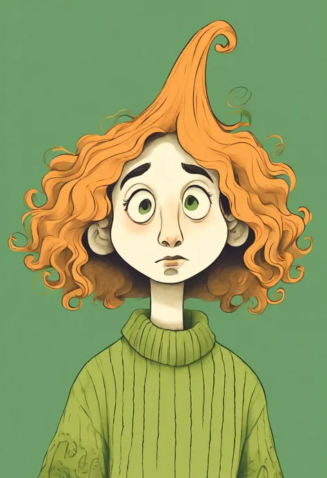 Distinctive style，Pumpkin head，long neck，interesting，Big head，Nonsense，Green sweater，Long curly hair，clean background，hand drawn style，，pencil drawing，Lovely，smooth lines，clean screen