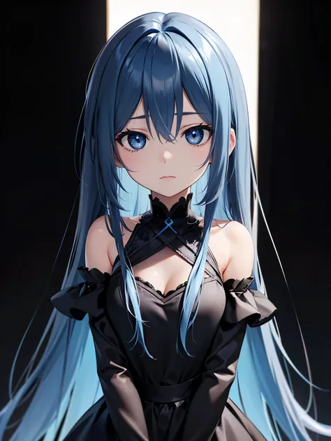 Long hair, mixed skin, blue hair, black eyes, black irises, black pupils, black gown, kuudere, blank expression, light blue hair, black background