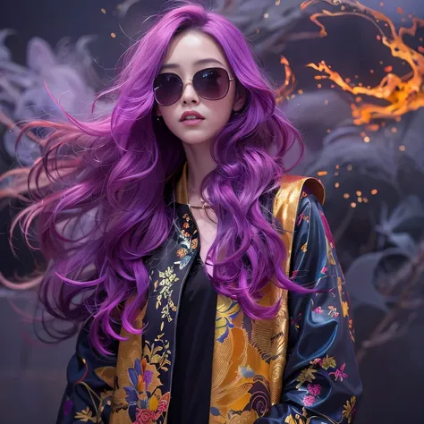 Chapter 3860 The Year of Cyberpunk（masterpiece，HD，超HD，32k lotus root starch）Bright purple flowing hair，autumn pond， lotus root starch color， Asian （Michiko）， （silk scarf）， fighting stance， looking at the ground， Orange gradient long hair， ((thick frame ref...