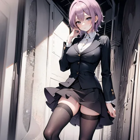 Satori toho character, (solo), (standing), stained glass, BREAK, short hair, (huge perky breasts), bursting breasts, (inconceivably thin waist), very long legs, BREAK, (black blazer:1.1), (black thighhighs), very short black miniskirt, highheels, military,...