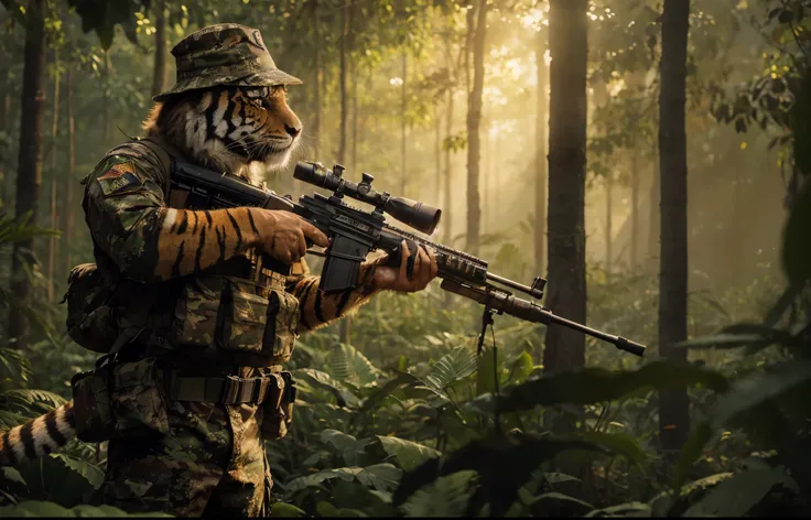 (best masterpiece), a tiger wearing a soldiers costume, complete with attributes, carrying a sniper rifle, high-resolution, realistic, 8k in photorealism, in jungle, cinematic 4k