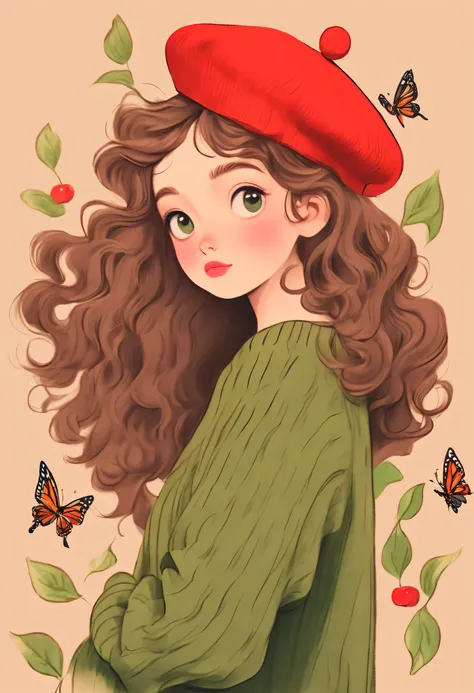 girl portrait，exaggerated expression，red beret，Loose big green sweater，Long curly hair，apple，Butterfly，Tree，clean background，hand drawn style，，pencil drawing，Lovely，smooth lines，clean screen