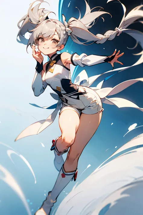 Cute and flashy costume like a magical girl，Shorts，Skantz，gray hair，braid twin tails，long hair that reaches waist，smile，Drooping eyes，Marume，White eyes，White base，Detached sleeves，cute white ribbon hair ornament，whole body，white boots，Osomatsu-san