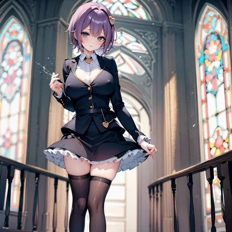 Satori toho character, (solo), (standing), (stained glass), BREAK, short hair, (huge perky breasts), bursting breasts, (inconceivably thin waist), very long legs, BREAK, (black blazer:1.1), (black thighhighs), very short black miniskirt, highheels, militar...