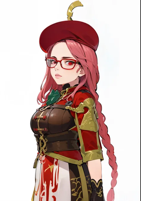 (best quality,4k,8k,highres,masterpiece:1.2),ultra-detailed,(realistic,photorealistic,photo-realistic:1.37),bright lighting,red eyes,red glasses,witch,woman in her 30s,red hat,braided hair,pink hair,colorful palette,illustration style