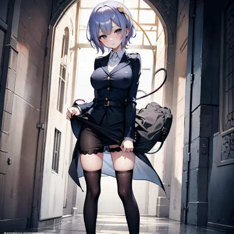 Satori toho character, (solo), (standing), (stained glass), BREAK, short hair, (huge perky breasts), bursting breasts, (inconceivably thin waist), very long legs, BREAK, (black blazer:1.1), (black thighhighs), very short black miniskirt, highheels, militar...