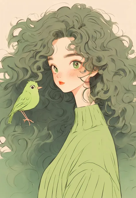 Distinctive style，long neck，Big head，Exaggerated hair，蓬松的头发上的birdie，birdie，exaggerated expression，Nonsense，Green sweater，Long curly hair，clean background，hand drawn style，，pencil drawing，Lovely，smooth lines，Line outline，light and shadow，Sense of space，clea...