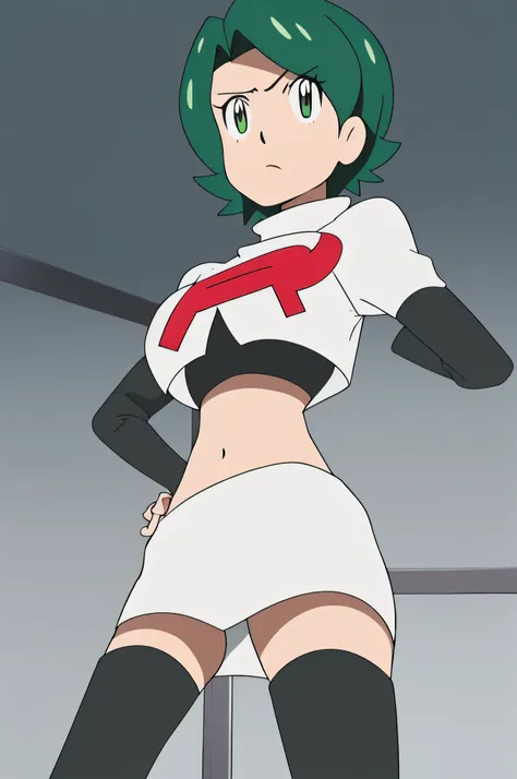 1girl in, (Solo:1.2), (Perfect body:1.1), (Best Quality:1.1), , very large breast, hands on hip,team rocket uniform, red letter r, white skirt,white crop top,black thigh-high boots, black elbow gloves, glaring angrily, looking at viewer, hands on hips,zett...