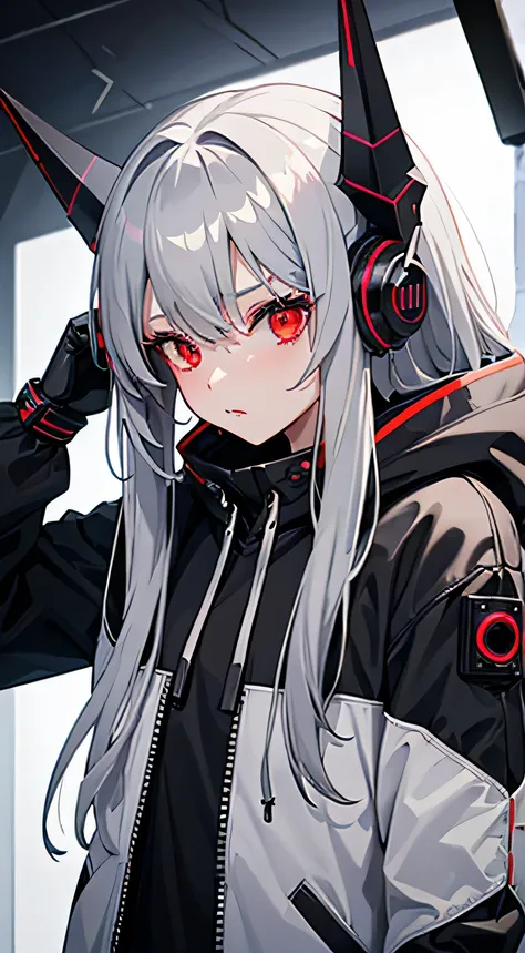 1 girl, gray hair, Oversized black hoodie, cyber demon, , cyber punk, ((cyber horn)), red eyes, cyberware, dreamy cyber punk girl, cyber punk art ultrarealistic, cybernetic hands, prosthesis, devil mouth mask