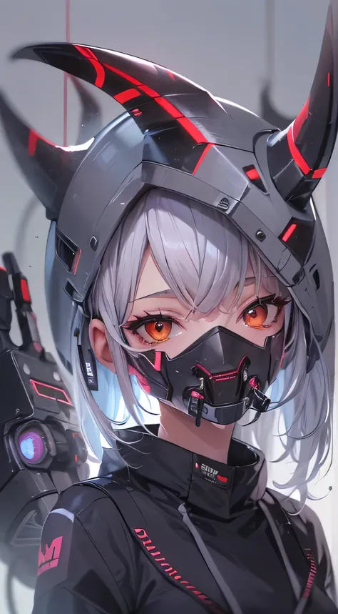 1 girl, gray hair, Oversized black hoodie, cyber demon, , cyber punk, ((cyber horn)), red eyes, cyberware, dreamy cyber punk girl, cyber punk art ultrarealistic, cybernetic hands, prosthesis, devil mouth mask