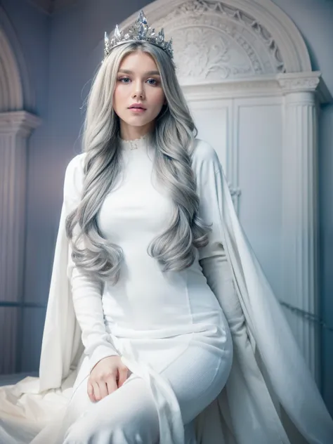 white beautiful goddess sitting on white crystal throne, blue eyes, white long wavy hair, wearing white crystal crown, wearing a...