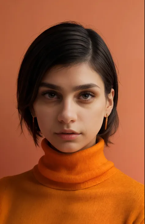 1girl, beautiful face, earrings, (portrait photoshot), wearing (orange turtleneck sweater: 1.2) up to her chin, short dark hair,...