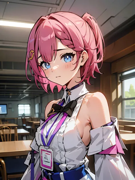 1girl, asta from honkai star rail, pink short hair, short ponyside hair, blue eyes, wearing her outfit, doing daily activities, indoor, very detailed background, many furnitures, masterpiece, highres, ultrahd,