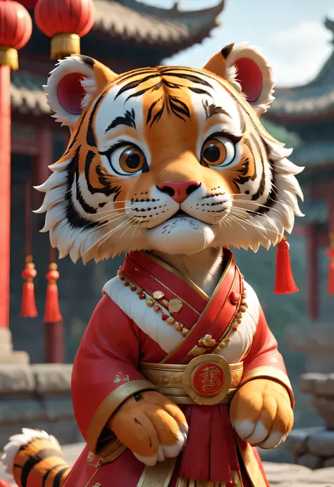 a super cute tiger wears a bright red wedding dress from ancient china. the tiger bride is anthropomorphic，wearing a red scarf o...